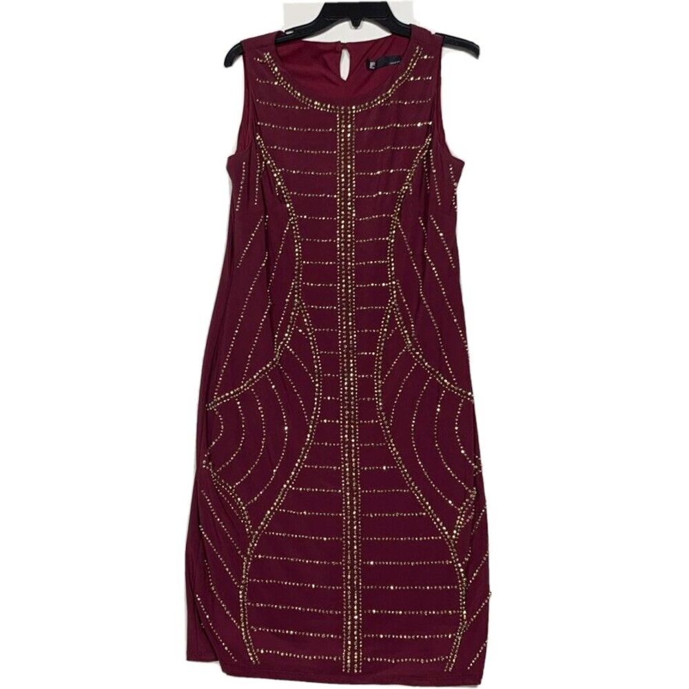 Leslie Fay Dress Womens 12 Merlot Red Gold Beaded Sheath Sleeveless Lined